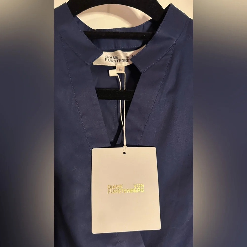 NWT Diane Von Furstenberg DVF Marlene Cotton Poplin Asymmetric Hem Dress Navy M - Picture 7 of 11